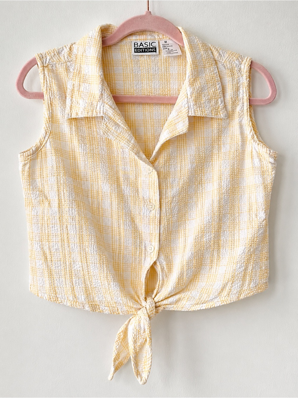 vintage 90s butter yellow plaid tie front coastal grandma cottagecore top M